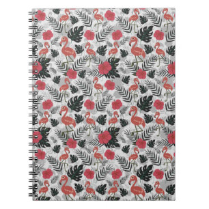 Caderno Espiral Padrão uniforme Flamingo com fundo floral