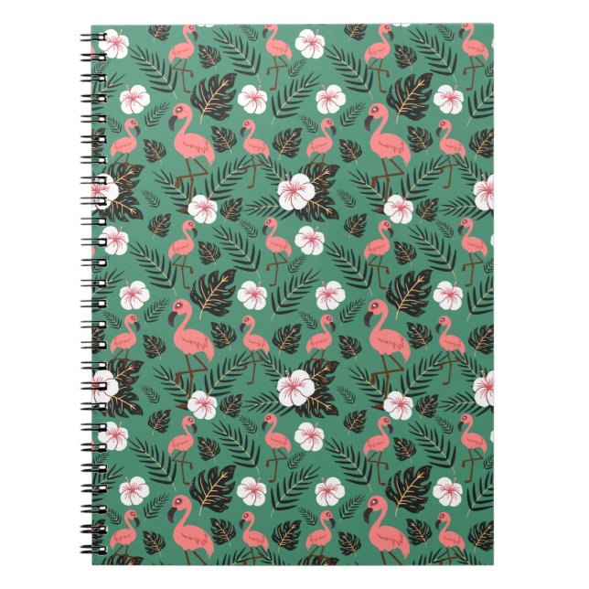 Caderno Espiral Padrão uniforme Flamingo rosa sobre fundo verde (Frente)