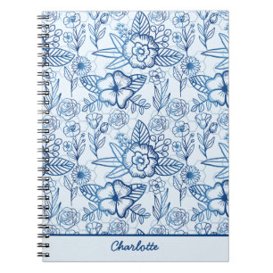 Caderno Espiral Padrão uniforme floral branco azul personalizado