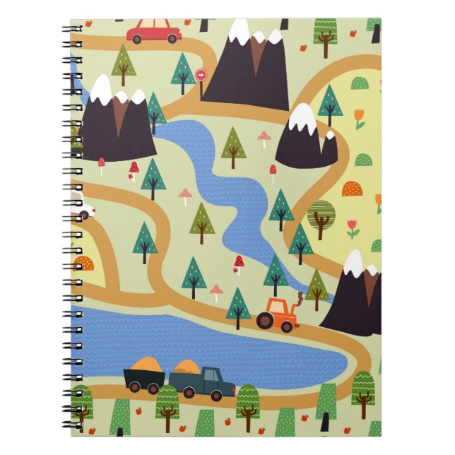 Caderno Espiral Padrão uniforme infantil com montanhas, rio, f (Frente)