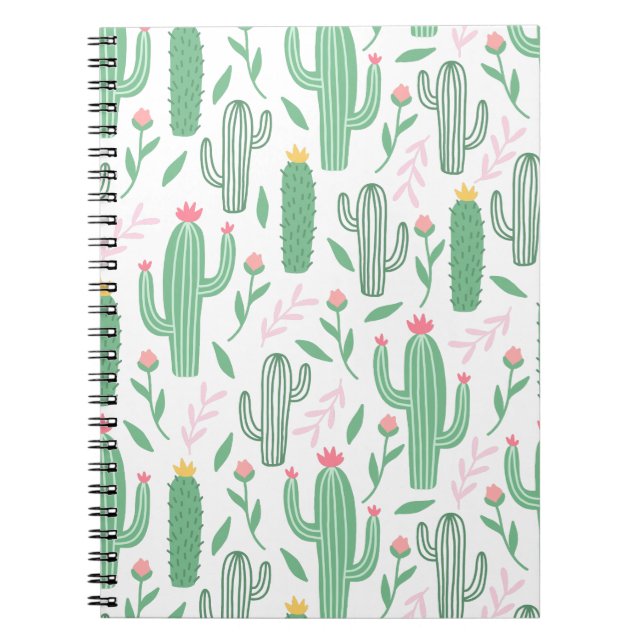 Caderno Espiral Padrão Verde Roxo Planta Cacto (Frente)
