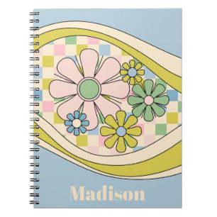 Caderno Espiral Padrão Verificado de Pastel com Vista Retro Floral