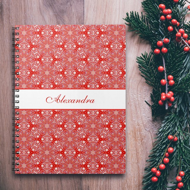 Caderno Espiral Padrão Vermelho Natal Floco de Neve Personalizado (Criador carregado)