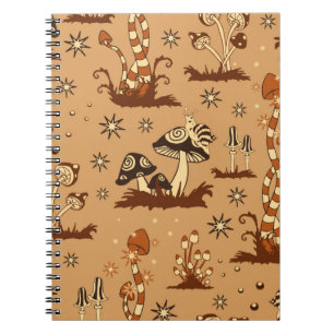 Caderno Espiral Padrão Vintage sem costura com cogumelos castanho