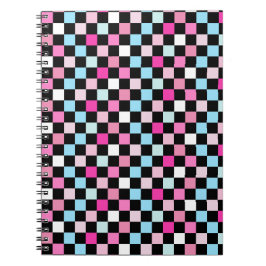 Caderno Espiral Padrão Xadrez Azul e Rosa Vintage