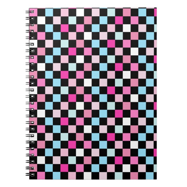 Caderno Espiral Padrão Xadrez Azul e Rosa Vintage (Frente)