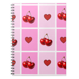 Caderno Espiral Padrão Xadrez Coração Cereja Personalizado