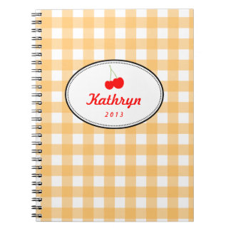 Caderno Espiral Padrão xadrez do país laranja cereja pessoal
