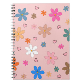 Caderno Espiral Padrão Y2K do Coração da Flor Colorido Pink