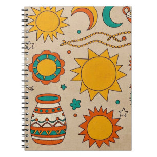 Caderno Espiral Padrões Boêmios Divertidos Sóis e luas desenhados