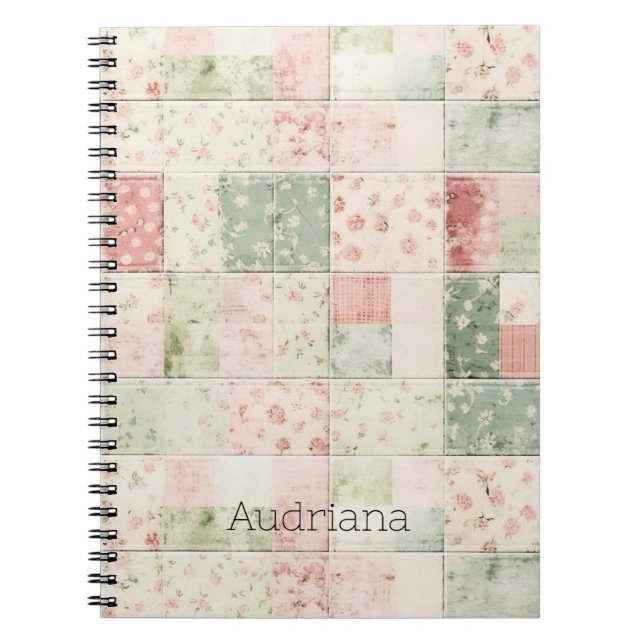 Caderno Espiral Padrões de Colcha Floral Rosa Menta Ocidental (Frente)