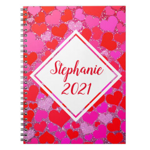 Caderno Espiral Padrões de Coração Vermelho Rosa Nome do Monogr