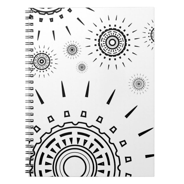 Caderno Espiral Padrões de explosão preta no branco (Frente)