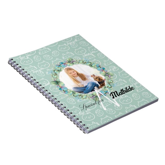 Caderno Espiral Padrões de Gato Monograma Personalizados com a Fot (Lado Direito)