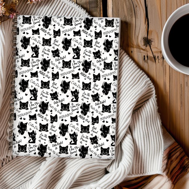 Caderno Espiral Padrões de Gatos Pretos e Ditos (Cute Black Cats and Sayings with Hearts Pattern for Cat Lovers and Halloween Notebook)