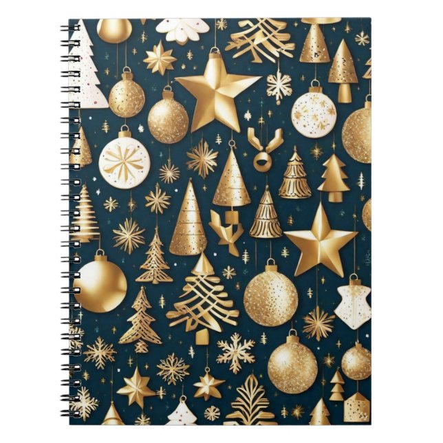 Caderno Espiral Padrões de Natal - decoração de ouro e ornamentos  (Frente)