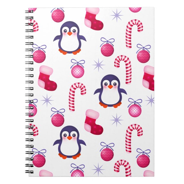 Caderno Espiral Padrões de Natal Rosa e Branco bonitos com pinguin (Frente)