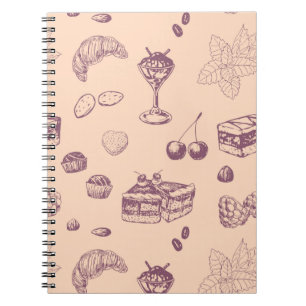 Caderno Espiral Padrões doces com várias sobremesas.