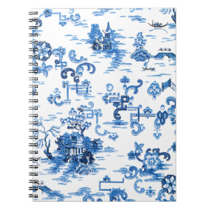 Caderno Espiral Pagoda Chinoiserie Clássica Azul e Branca