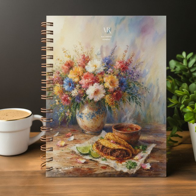 Caderno Espiral Painterly Floral Birria Tacos | Custom Monogram (Criador carregado)