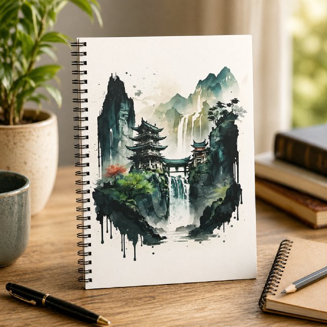 Caderno Espiral Paisagem Antiga com Tinta Chinesa e Cachoeira (Criador carregado)