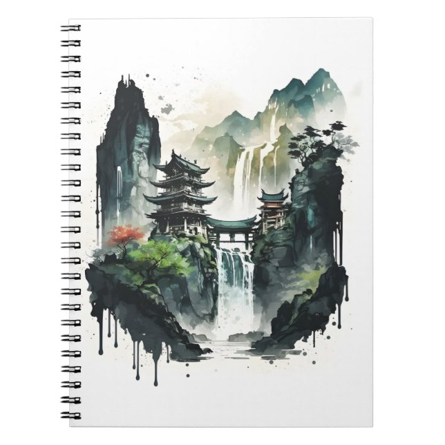 Caderno Espiral Paisagem Chinesa Antiga com Cascata (Frente)