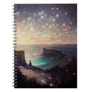 Caderno Espiral Paisagem de Fantasia da Noite de Cliffside Sci-Fi