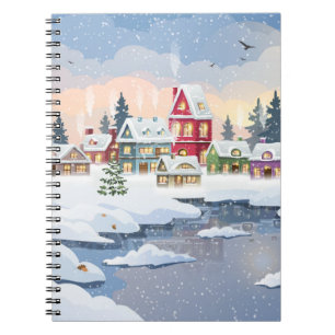 Caderno Espiral Paisagem de inverno com casa coberta de neve