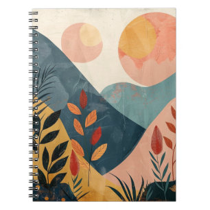 Caderno Espiral Paisagem de montanha boho Coral Teal Sóis Gêmeos