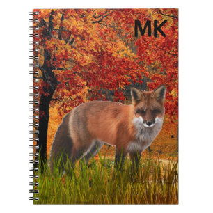 Caderno Espiral Paisagem de Outono com Monograma de Raposa Vermelh