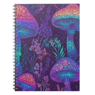 Caderno Espiral Paisagem de Sonho Floresta Neon de Cogumelo
