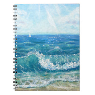 Caderno Espiral Paisagem de verão, ondas azuis, pintura acrílica.