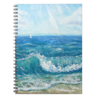 Caderno Espiral Paisagem de verão, ondas azuis, pintura acrílica.