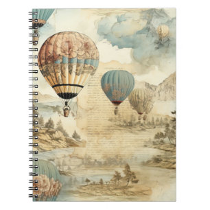 Caderno Espiral Paisagem de Viagem Antiga Balão Azul Retro