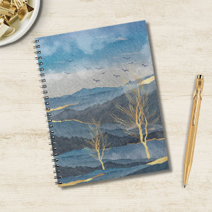 Caderno Espiral Paisagem do Céu das Aves da Dourada Luxe Azul