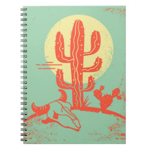 Caderno Espiral Paisagem do deserto com Cactus e crânio de vaca. V
