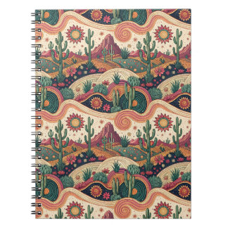 Caderno Espiral Paisagem do Deserto do Cacto Psicodélico Retro ao 