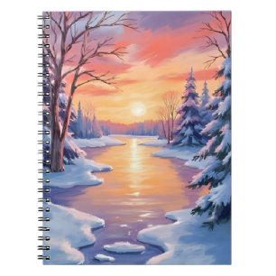 Caderno Espiral Paisagem do pôr do sol no rio de inverno aquarela
