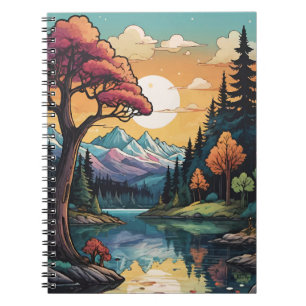 Caderno Espiral Paisagem Sunset de Serenidade Lakeside Encantada