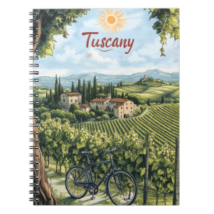 Caderno Espiral Paisagem toscana com vinhedos e bicicleta