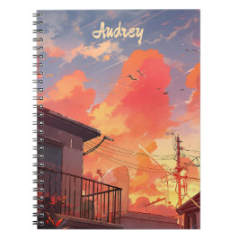 Caderno Espiral Paisagem Urbana de Animes Céu Estético - Pôr do So