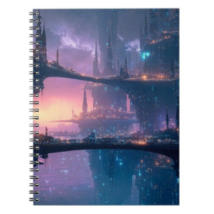 Caderno Espiral Paisagem Urbana Futurista ao Crepúsculo