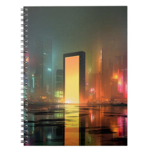 Caderno Espiral Paisagem Urbana Futurista com Reflexos de Neon