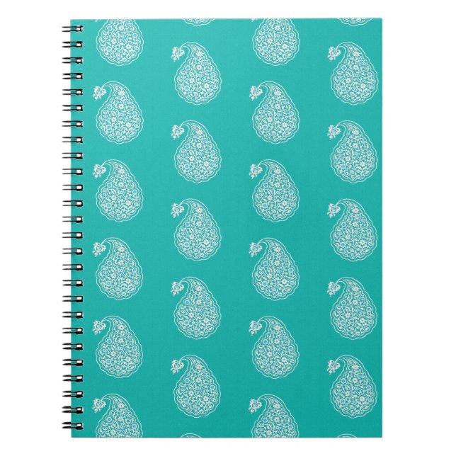 Caderno Espiral Paisley azulejo persa - branco em turquesa (Frente)