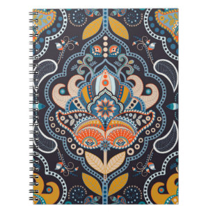 Caderno Espiral Paisley floral sem costura. Fundo escuro com