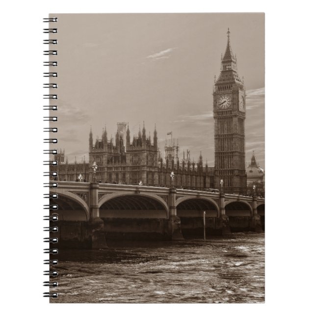Caderno Espiral Palácio de Torre de Sepia Big Ben Westminster (Frente)