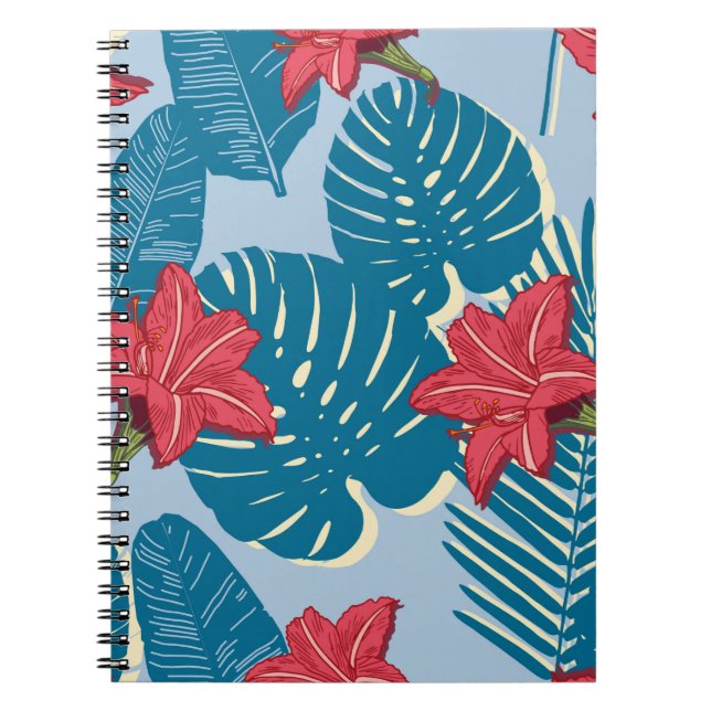 Caderno Espiral Palma Tropical padrão azul sem costura (Frente)