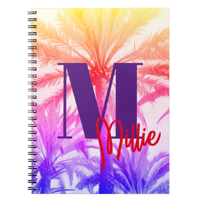 Caderno Espiral palmeira tropical com nome personalizado de neon r (Frente)