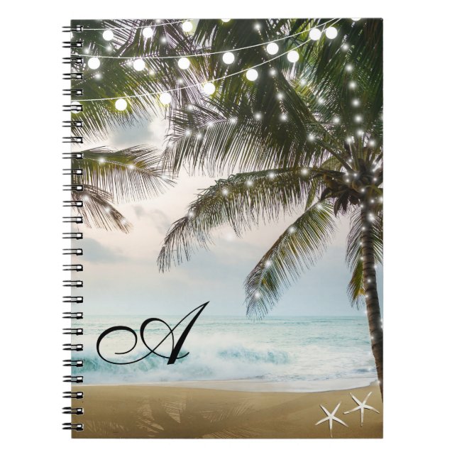 Caderno Espiral Palmeiras e luzes tropicais do oceano de praia (Frente)