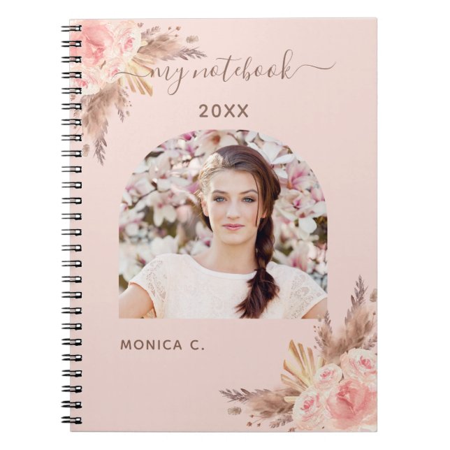 Caderno Espiral Pampas rosa dourado borrão floral fotografia (Frente)